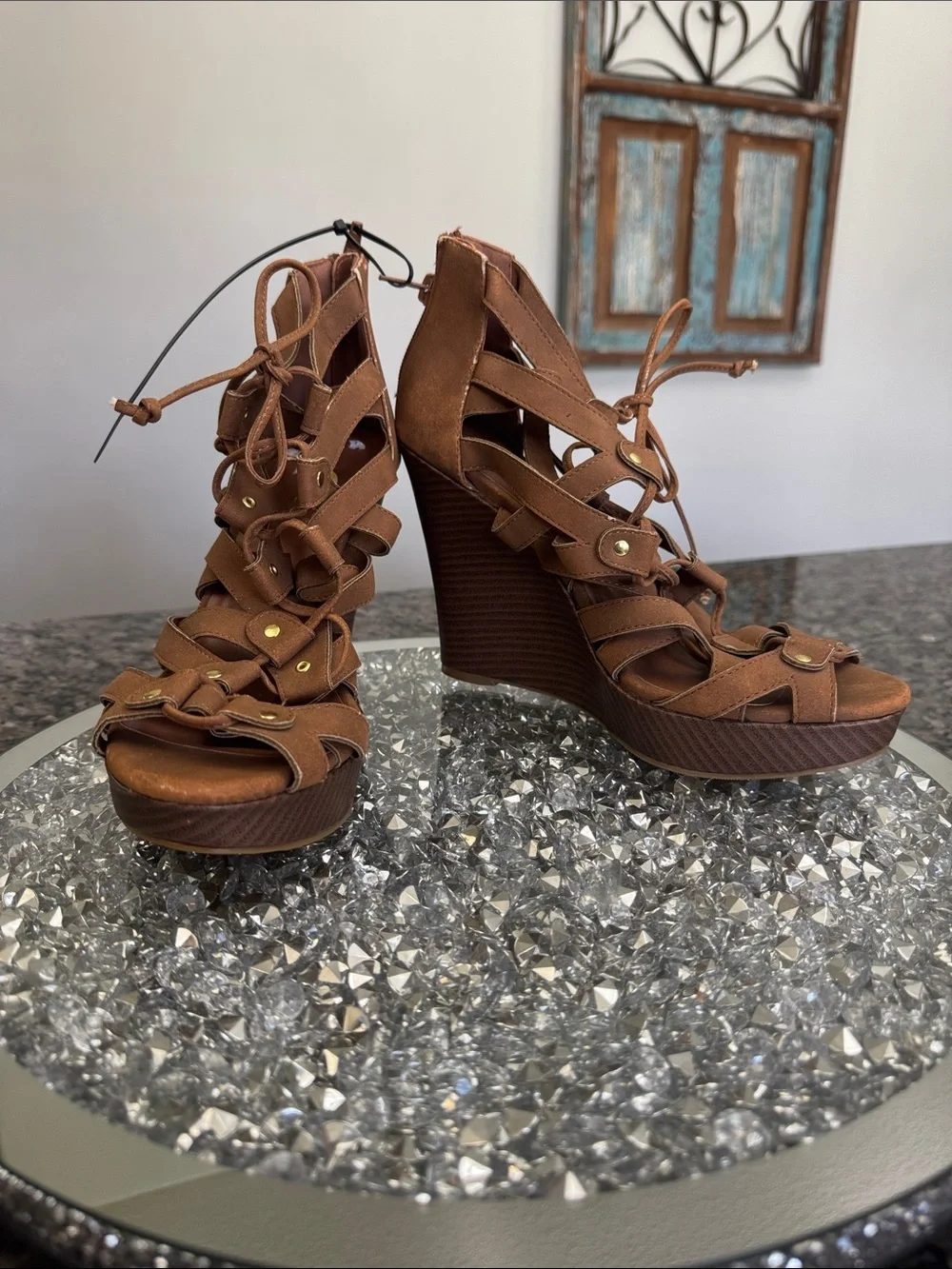 Dollhouse Brown Lace-Up Strappy Wedge Sandals NWOT 9